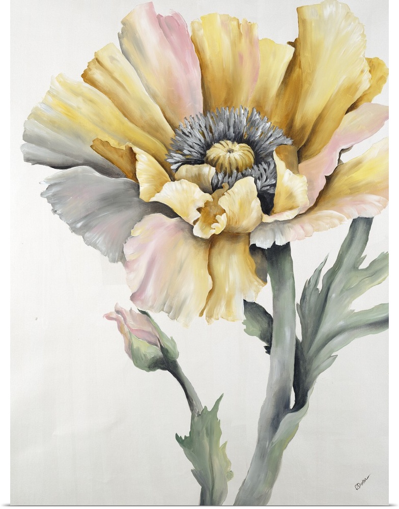 Contemporary painting of a muted yellow and pink flower.