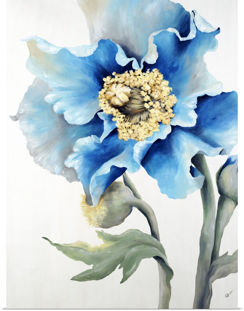 Contemporary painting of a muted flower with some bright blue petals.