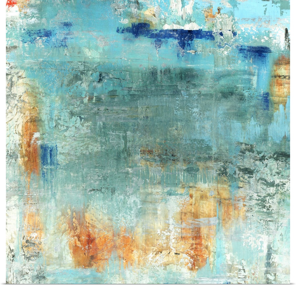 Square abstract painting in shades of blue and pops of burnt orange on a gray and white textured background.