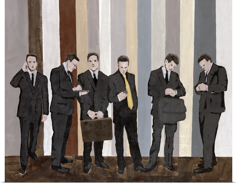 Painting on canvas of six businessmen standing in a hall with vertical stripes in the background.
