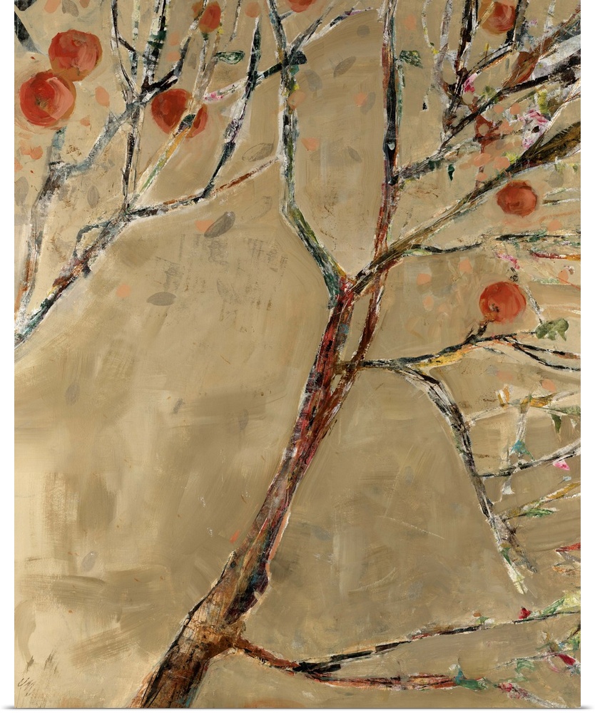 Abstract painting on canvas of tree limbs with fruit growing on them.