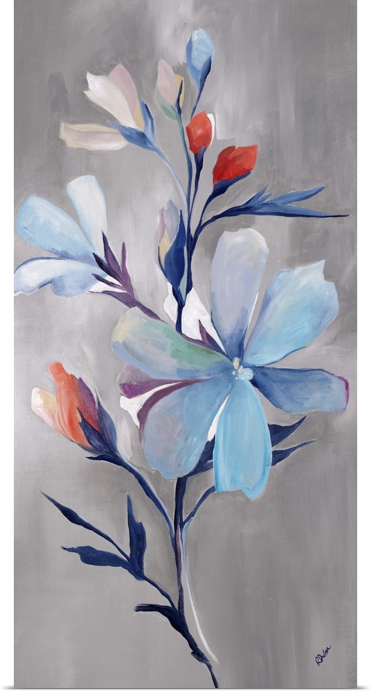 Contemporary painting of a floral arrangement of blue flowers with accents of little red buds.