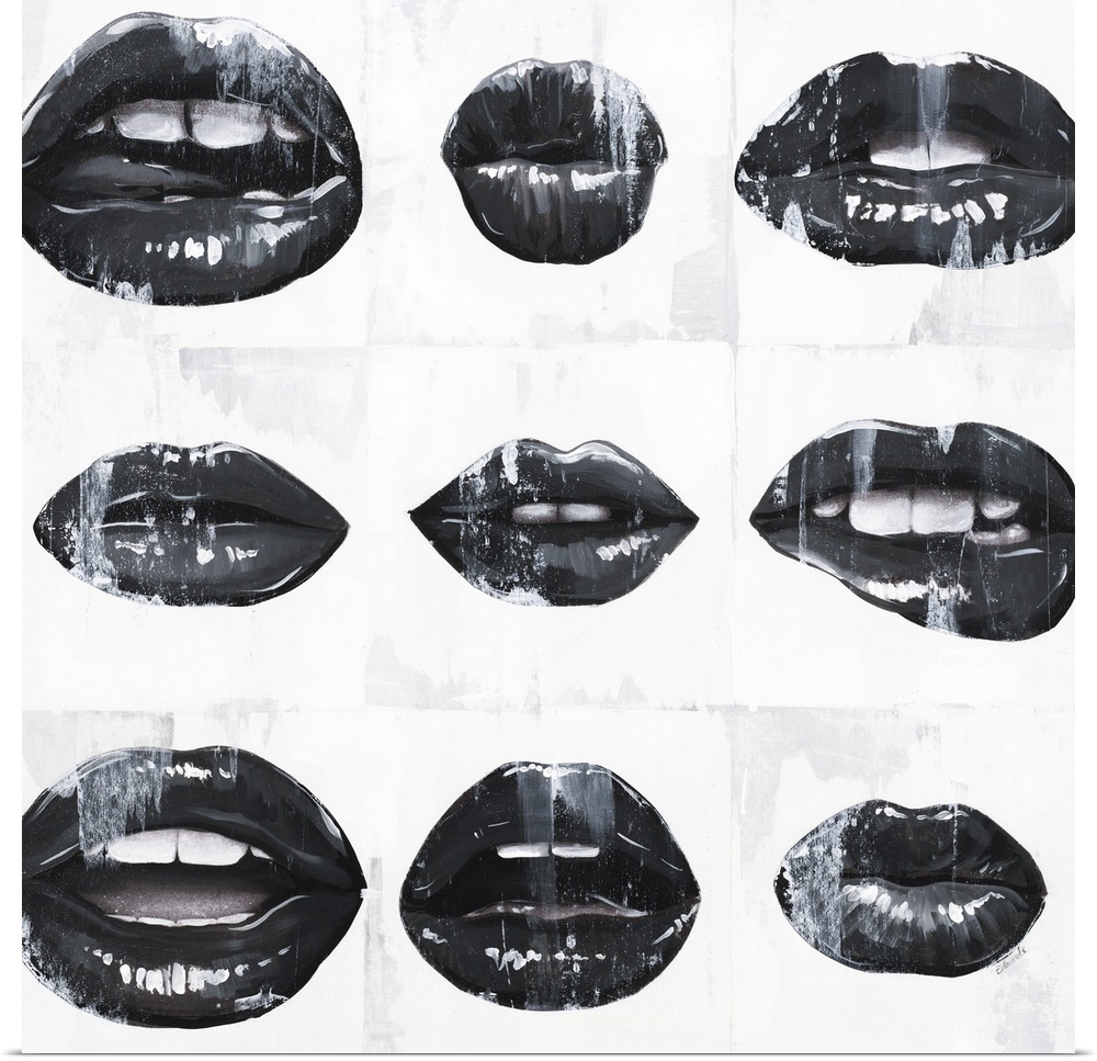 Square art with black and white mouths open in different ways on a white background with paint drip.