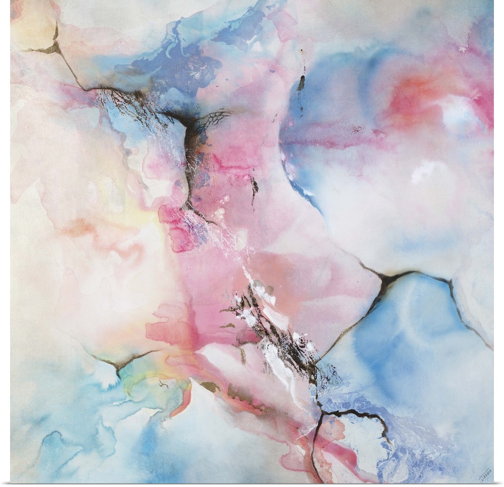 Square contemporary abstract painting with faded blue, pink, and yellow hues that appear like a watercolor painting, added...