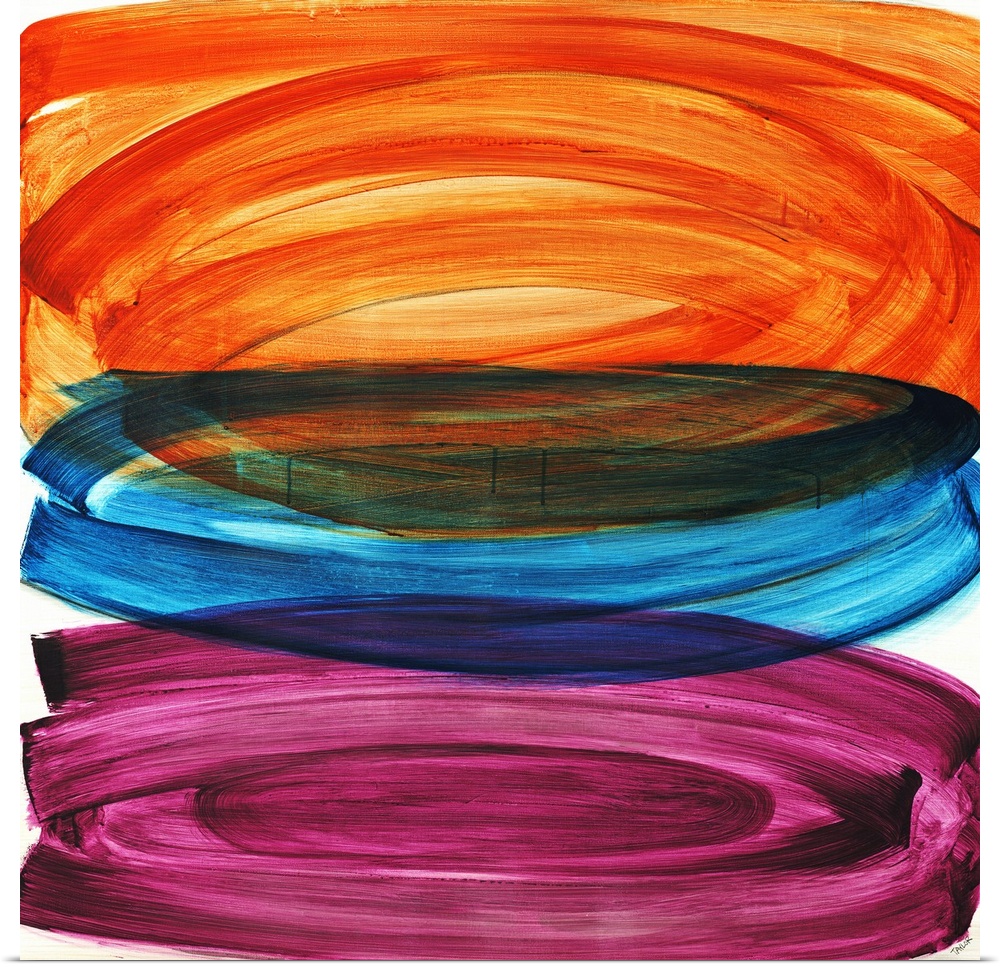 Abstract painting of three large oval shapes that are vertically stacked, each in a different color and painted with thick...