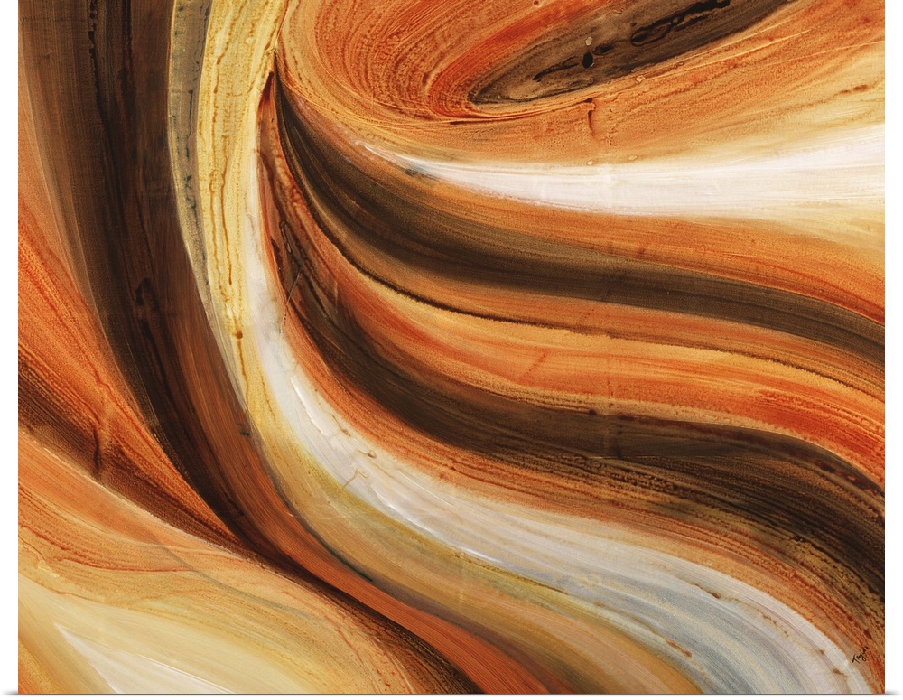 Contemporary abstract painting using warm tones, in flowing sinuous movements.