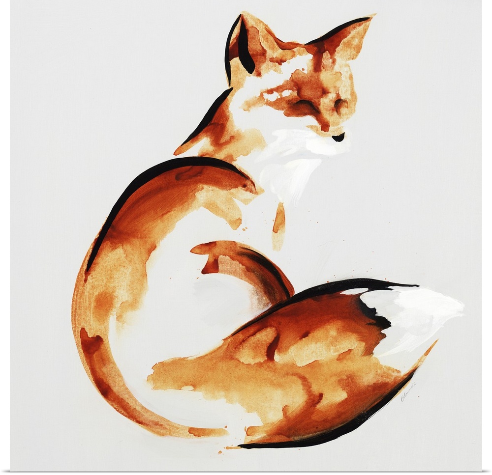 Abstract interpretation of a fox with its body curled around on a gray background.
