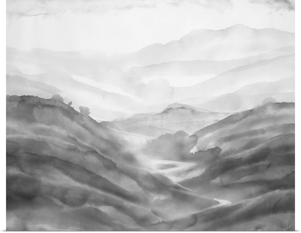 Black and white abstract painting of rolling hills created with contrast.