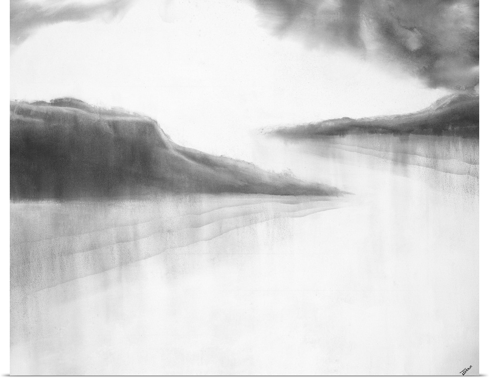 Black and white abstract landscape painting with contrasting rock formations and clouds to the white skies and water.