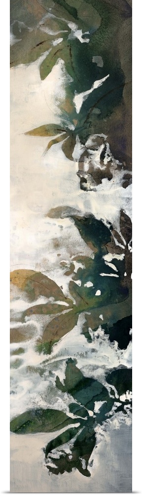 A very tall vertical piece has drawn leaves with a layer of mist over the left side of the print.