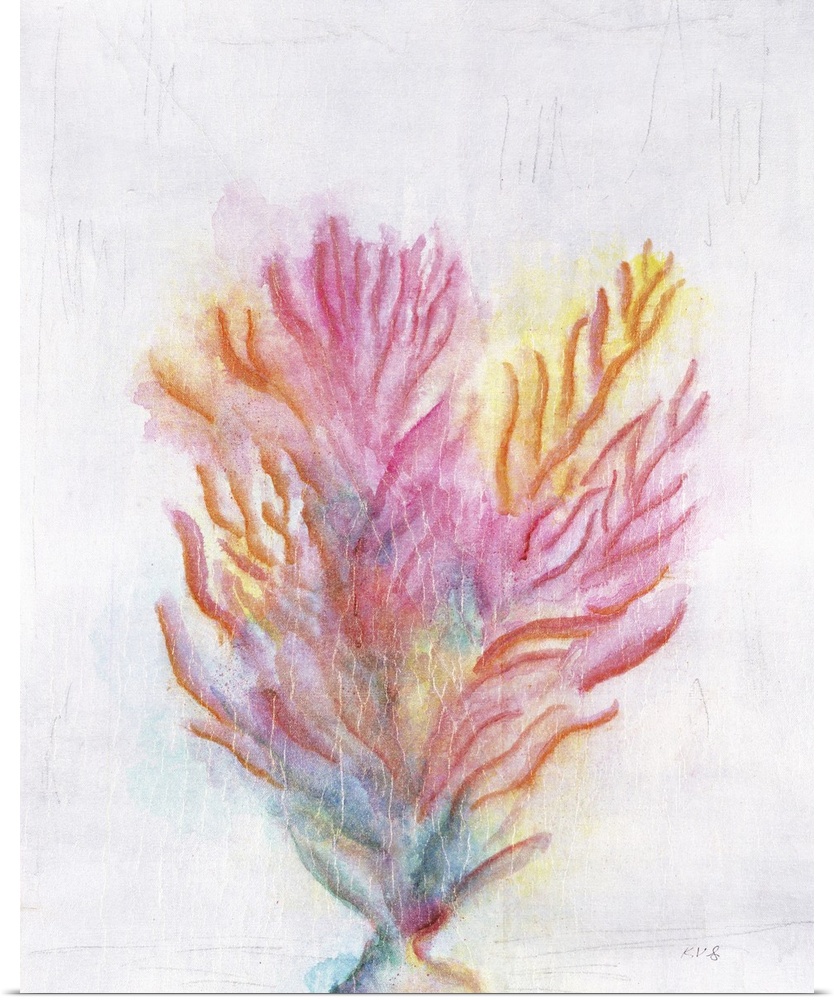 Colorful painting of coral on a white and gray textured background.