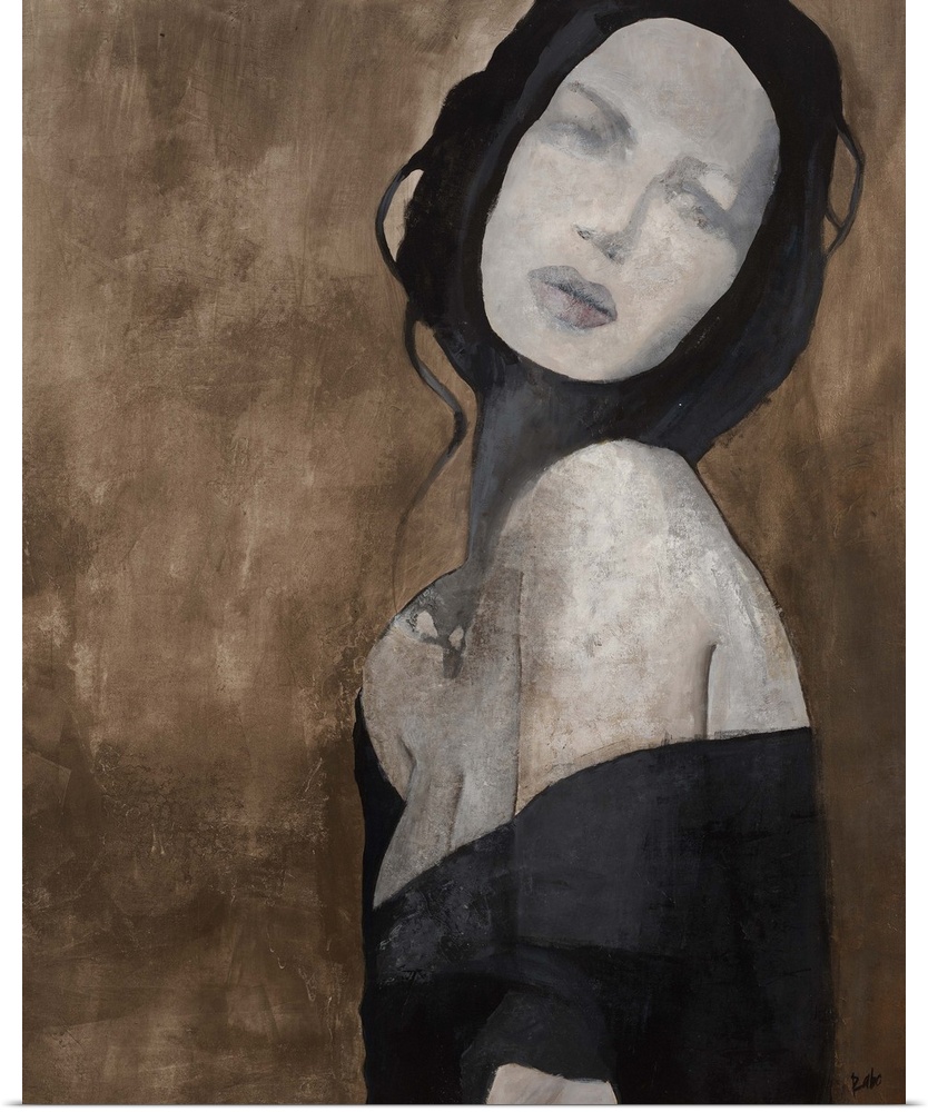 Contemporary painting of woman with pale skin wearing a black dress, against an earth toned background.