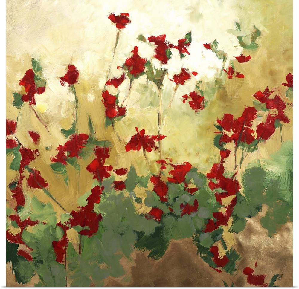 Contemporary abstract painting of red flower and green sinuous vines.