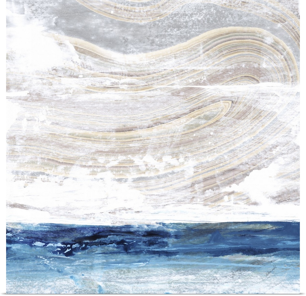 An abstract landscape of an ocean skyline in textured paint.