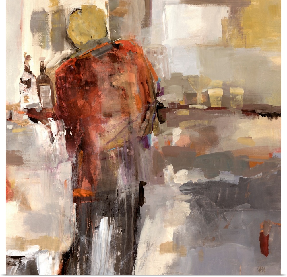 Painting of the back of a man standing at a bar, surrounded by bottles and glasses.  Painted with large, thick brushstroke...