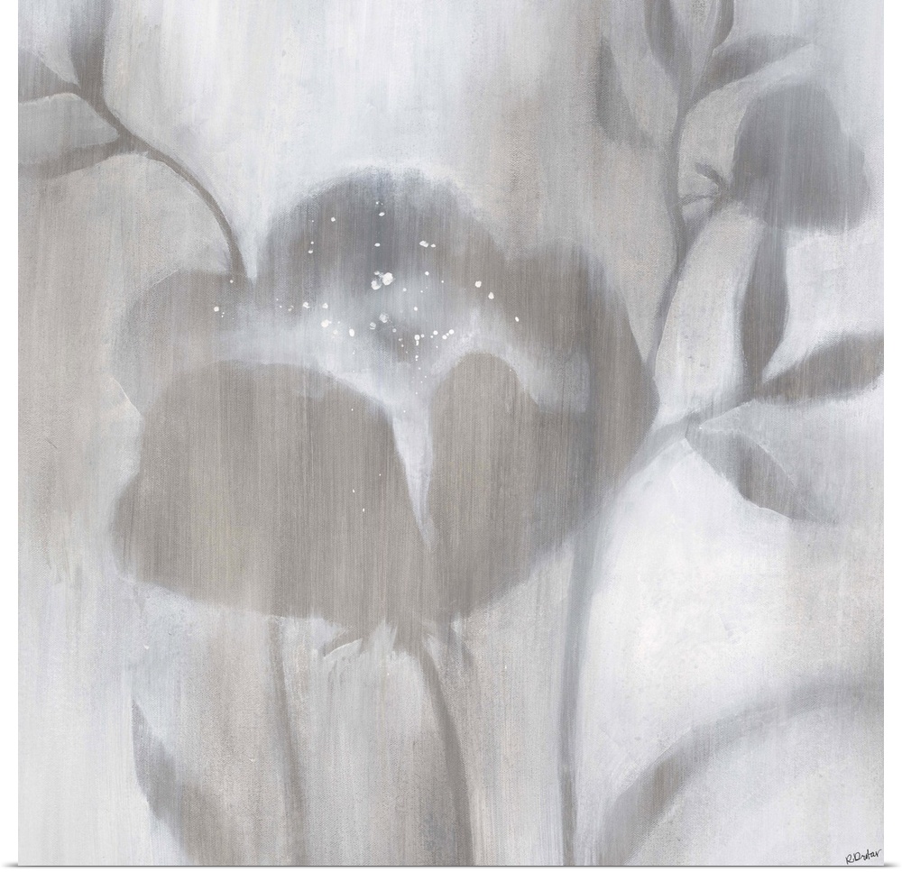 Contemporary painting of neutral flowers and stems with softened edges that seem to fade into a lighter background.