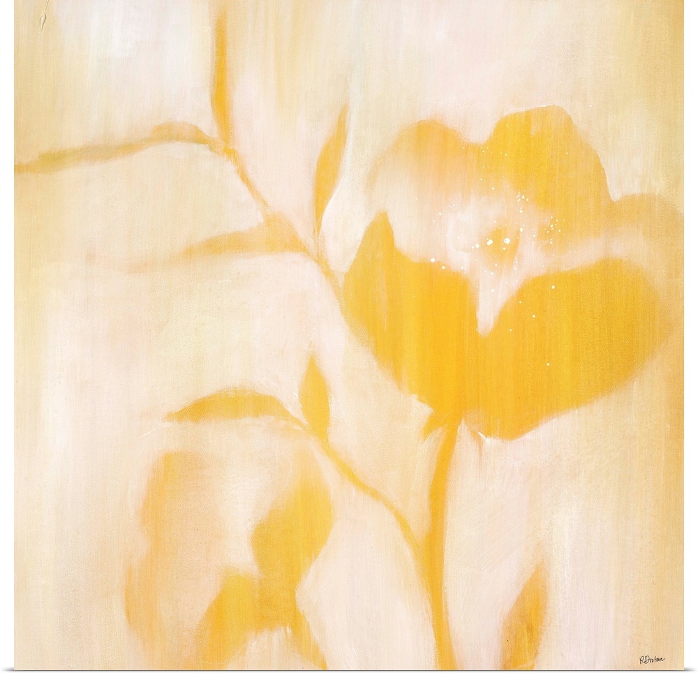 Contemporary painting of golden flowers and stems with softened edges that seem to fade into a lighter background.