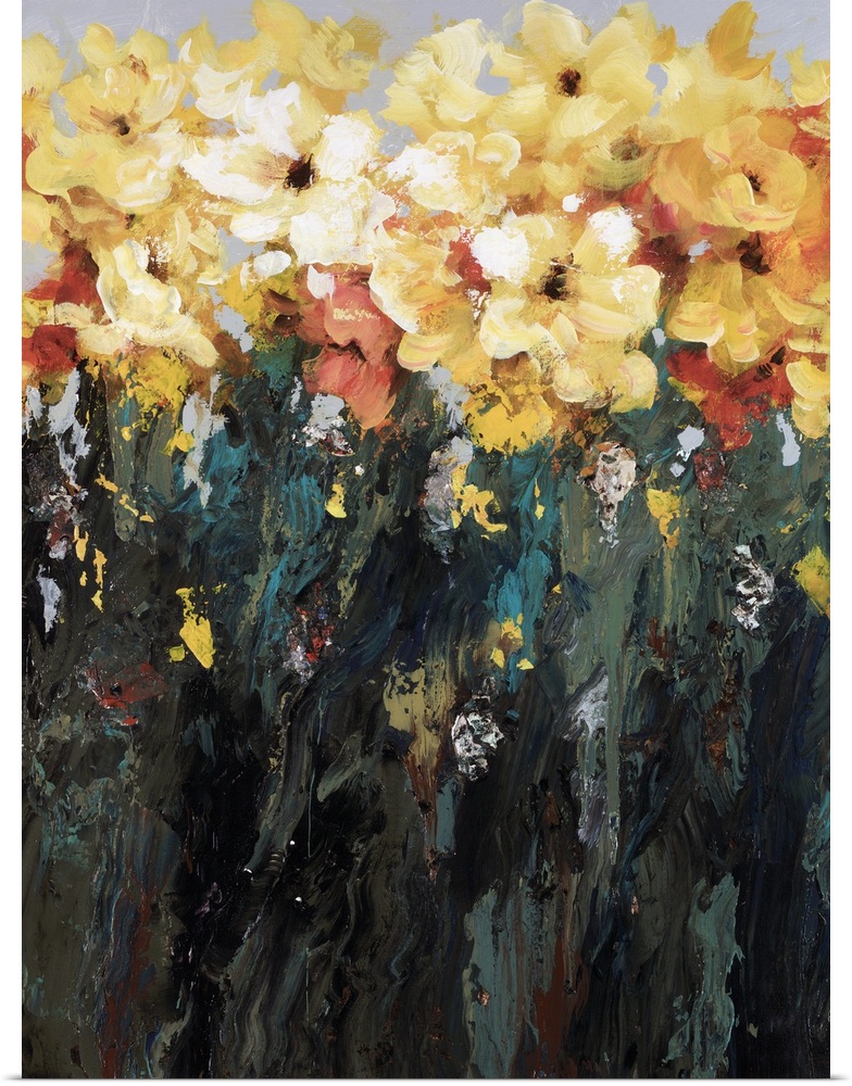 Tall canvas painting of flowers at the top and grass at the bottom made up of heavy paint strokes.