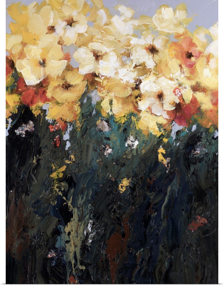 This is a contemporary painting of flowers created with a heavy application of paint that creates a muddy mix of texture t...