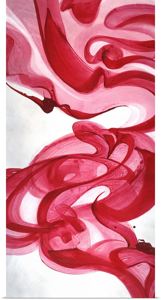 Abstract painting using vibrant red tones in swirling motions that look like smoke flowing gently through the air.