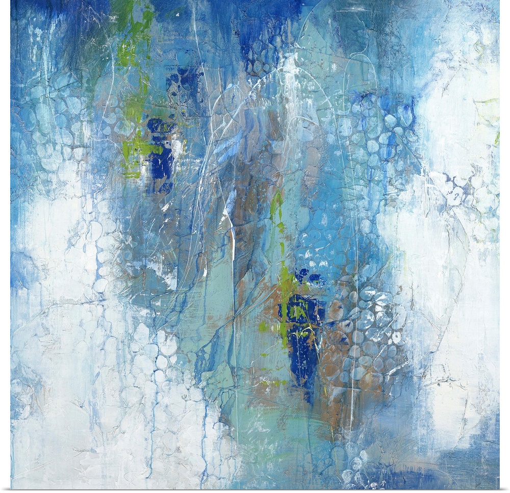 Contemporary abstract painting in shades of blue and white, reminiscent of ocean water.