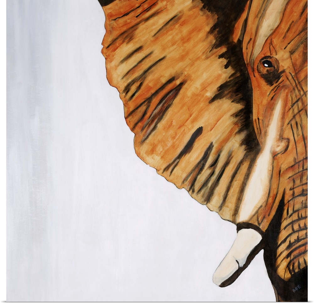 Square abstract painting of half of an elephants face created with orange, white, gray, and black hues.