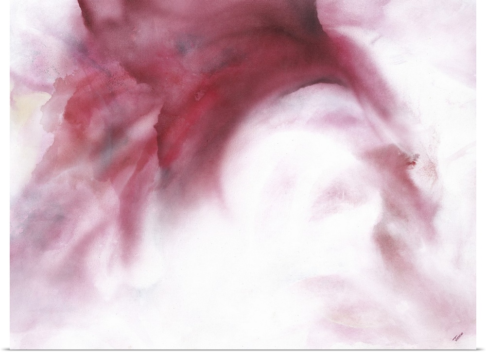 Large artwork of a swooping red mist fading to white.