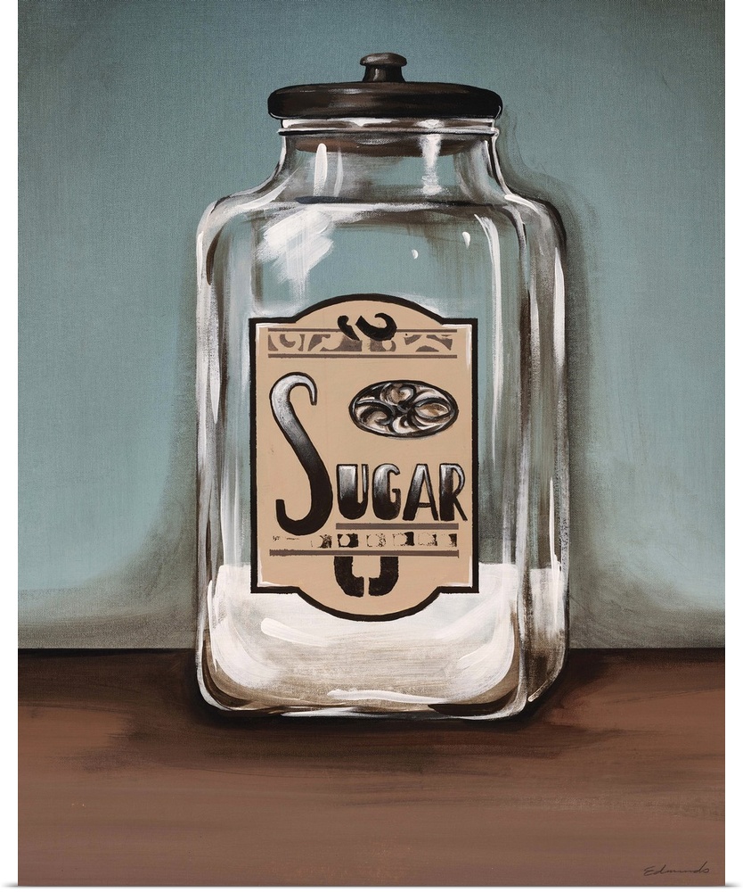 Contemporary painting of a glass jar with sugar in it sitting on a table surface.