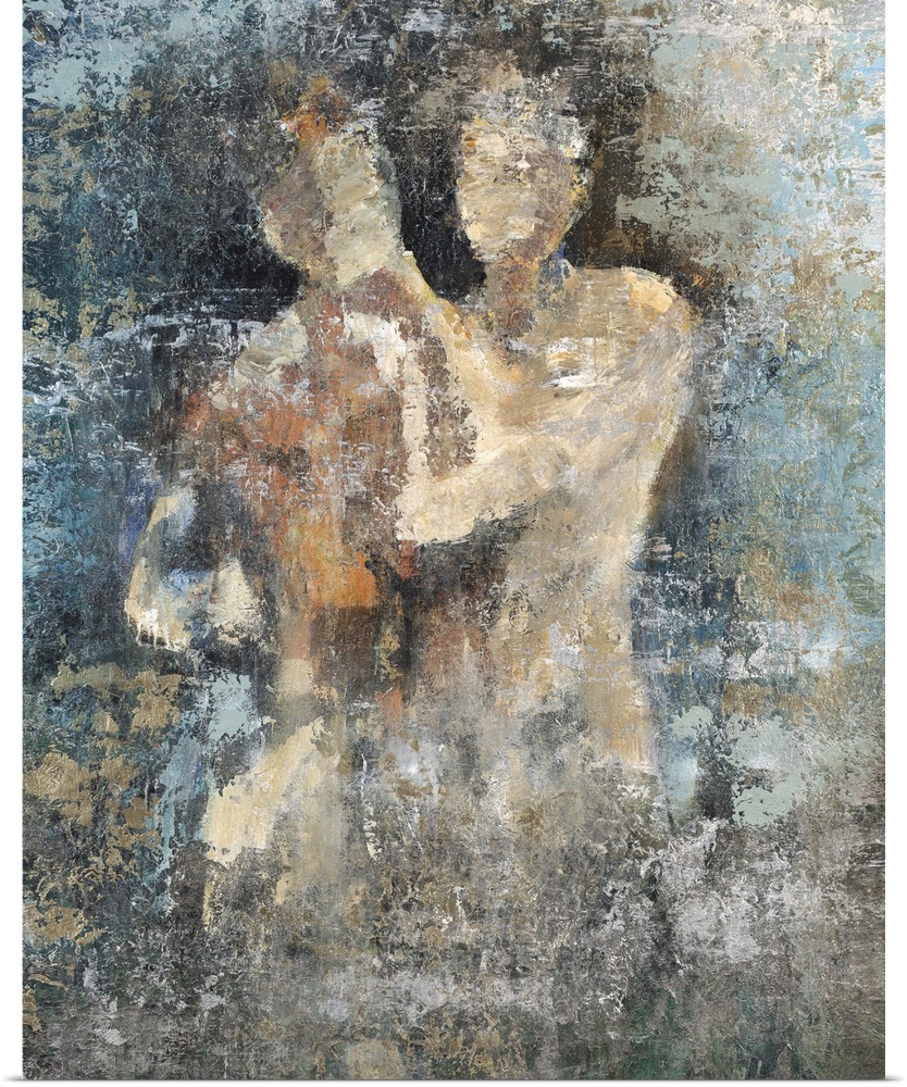 Contemporary abstract painting of two figures holding each other nude with textured paint surrounding them in shades of bl...