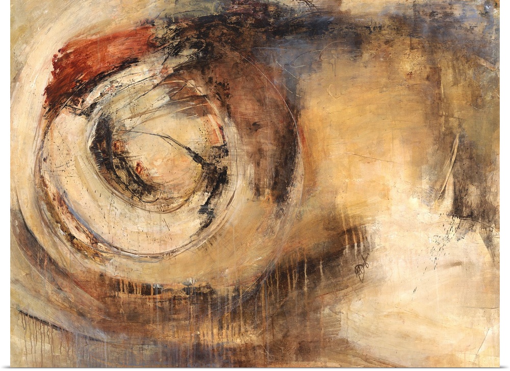 Contemporary abstract painting of earth tones creating a circular shape.
