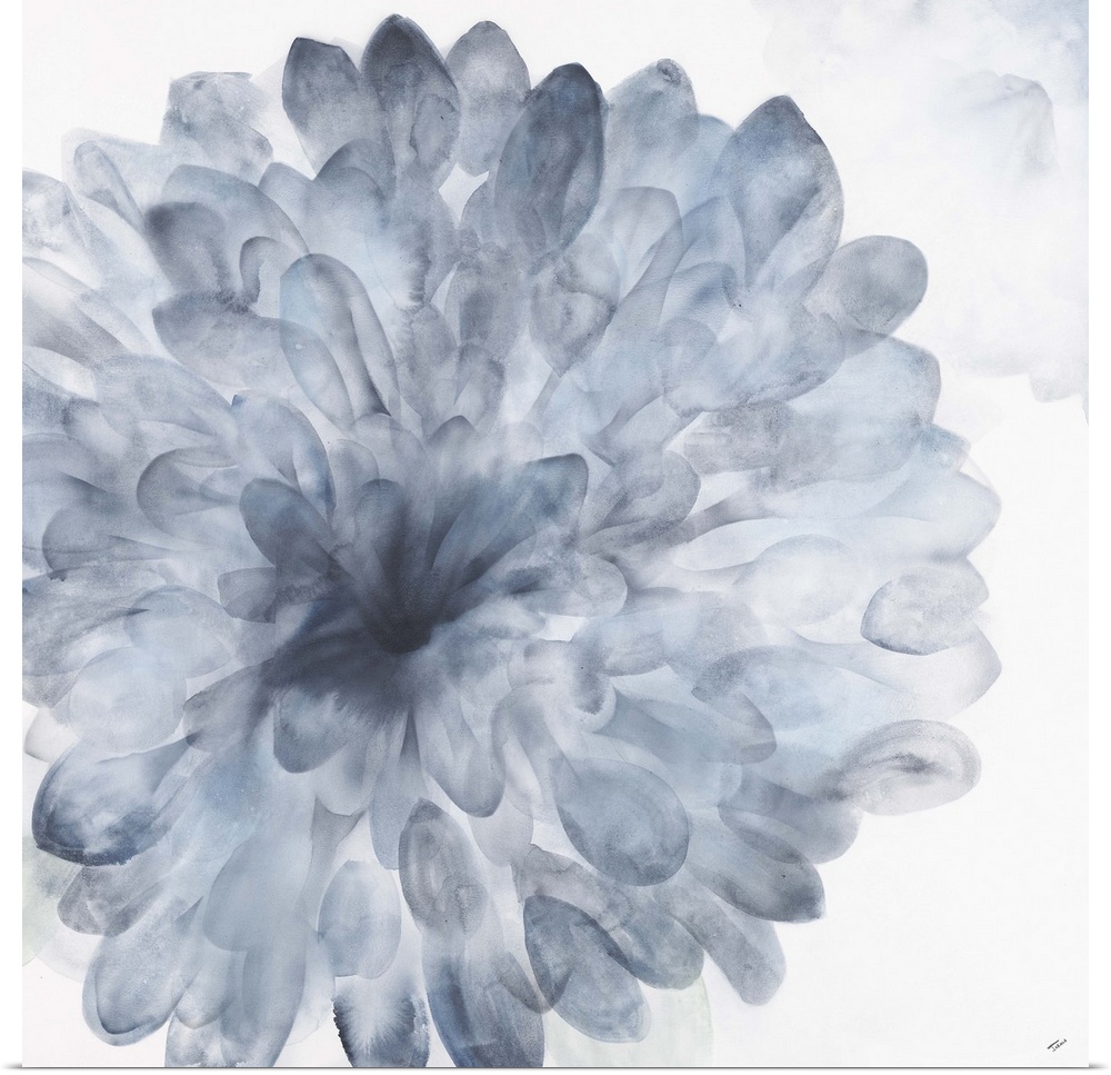 Contemporary watercolor painting of a Dahlia bloom in blue.