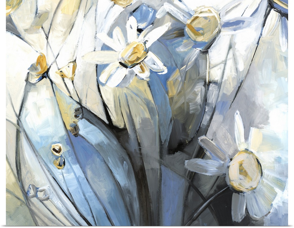 Contemporary painting of white daisies on a blue, yellow, and gray geometrically sectioned out background.