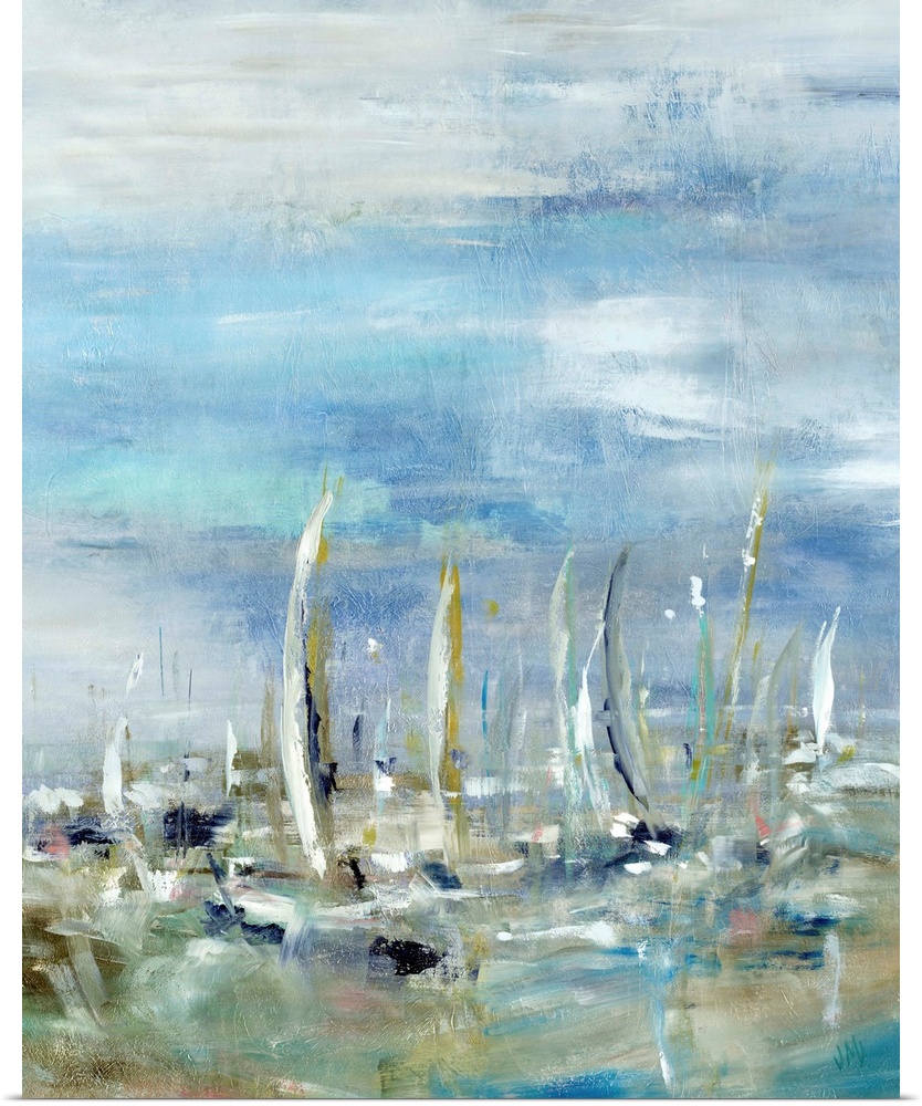 Abstract painting of sailboats in the ocean on a cloudy day.  The boat shapes are created from varying brush strokes.