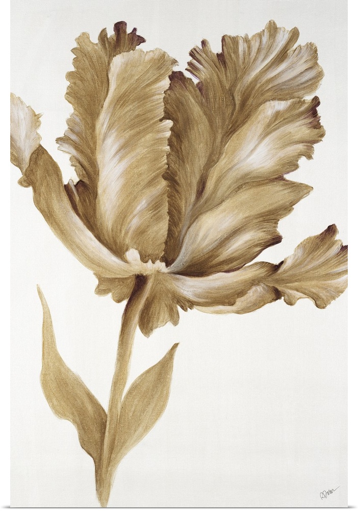 A painting of a single tulip in metallic gold.