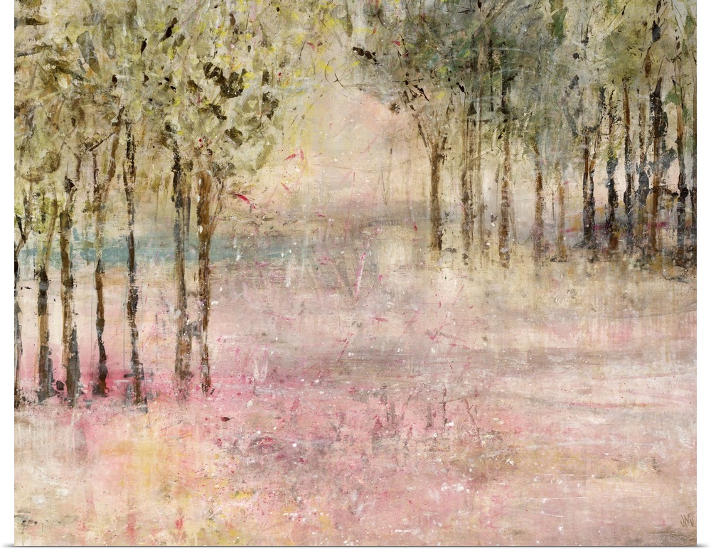 Contemporary painting of trees lining a a clearing in shades of pale pink.