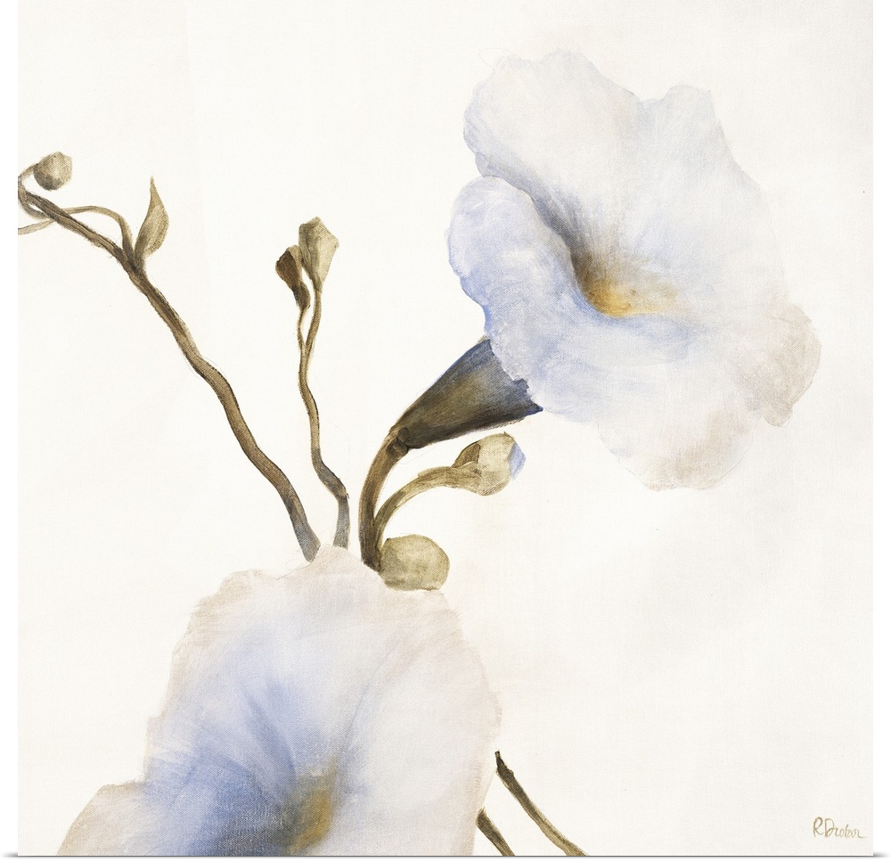 Contemporary painting of a white flower on a stem with buds.