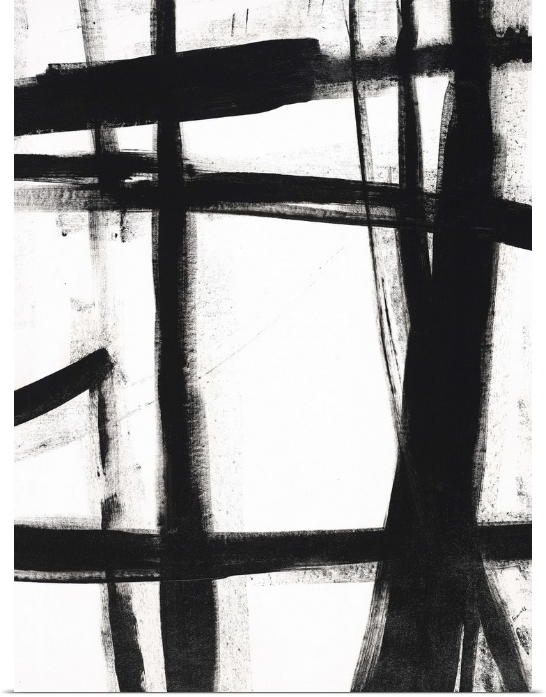 Contemporary abstract painting using bold black lines against a white background.