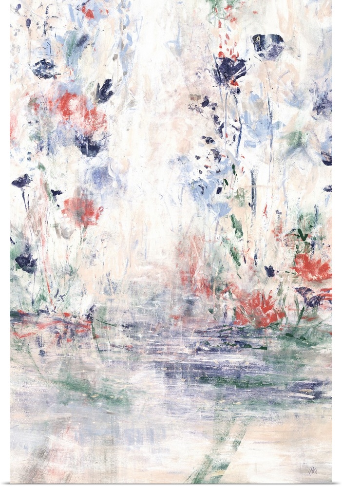 Contemporary abstract painting with small floral shapes against white.