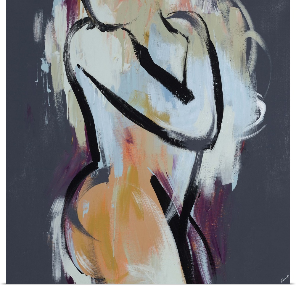 Figurative art of a side profile of the human form, outlined with thick strokes of paint and filled with large brushstroke...