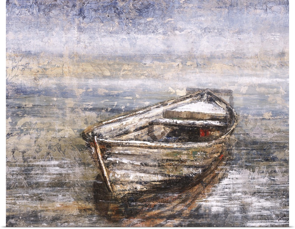 Contemporary painting of a row boat on dark water.