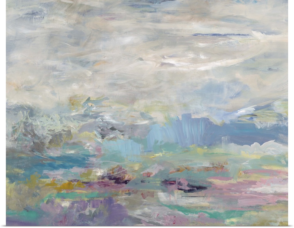 Contemporary abstract painting of what looks like a cloudy sky using pale blue and purple tones.
