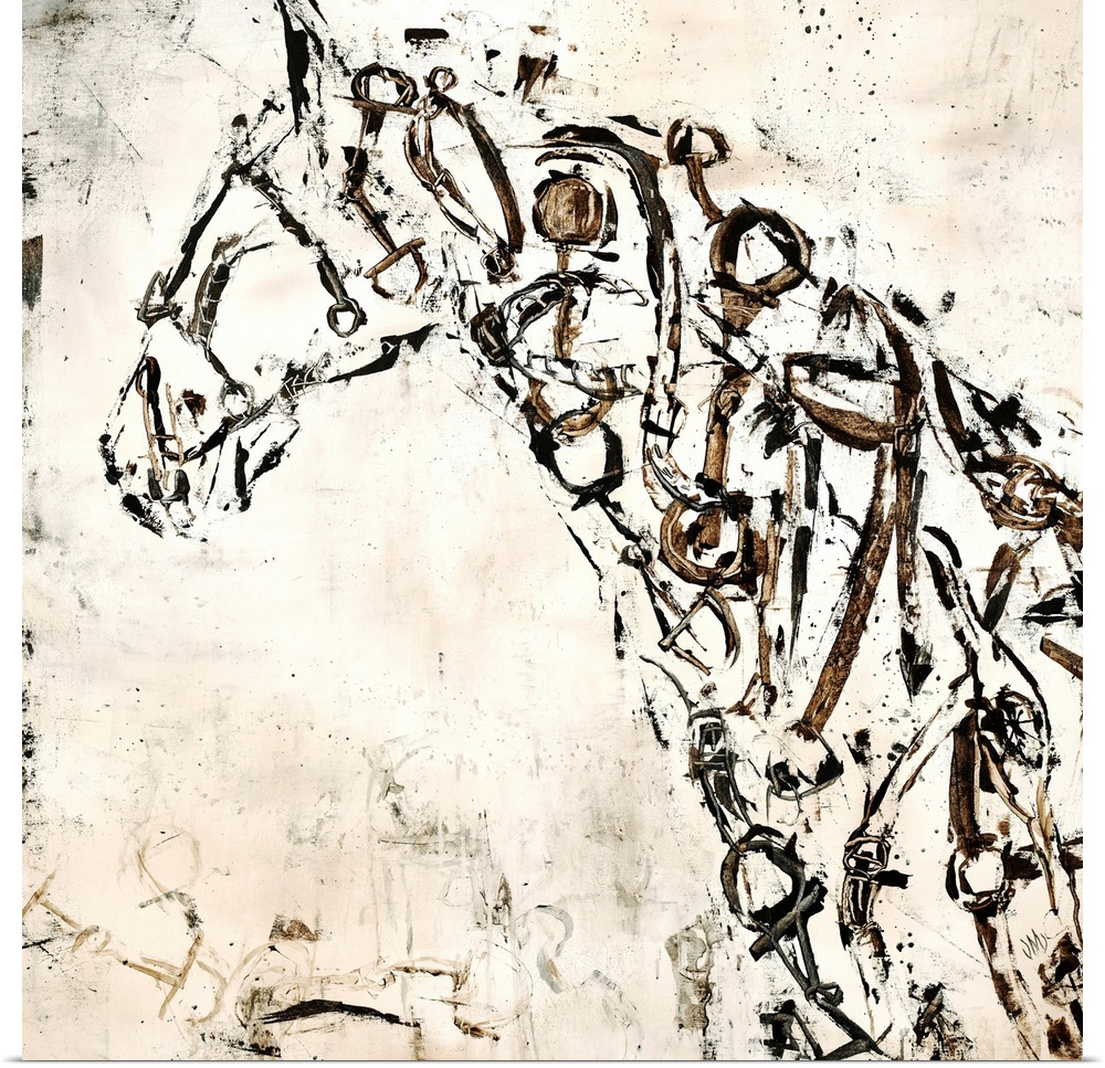 Square artwork of an abstract horse created with circular shapes and lines in black and brown tones on a neutral colored b...