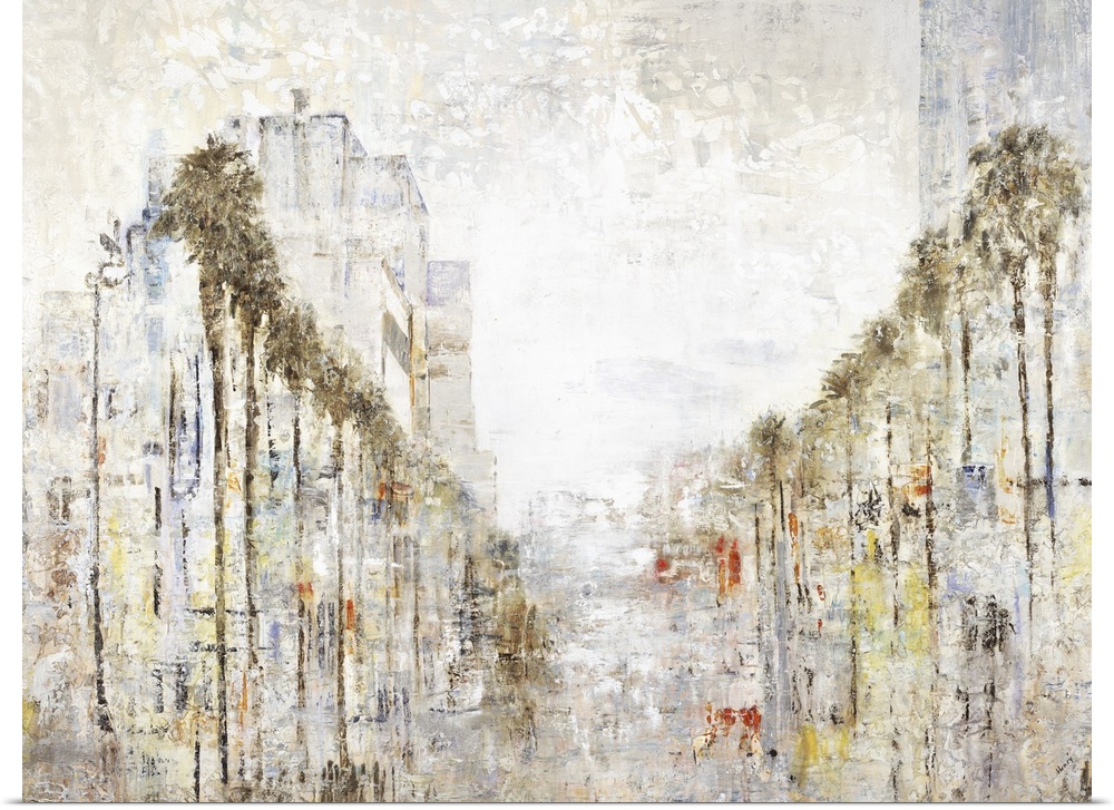 Abstract painting resembling a palm tree lined street with tall buildings on the sides and in the background, created with...