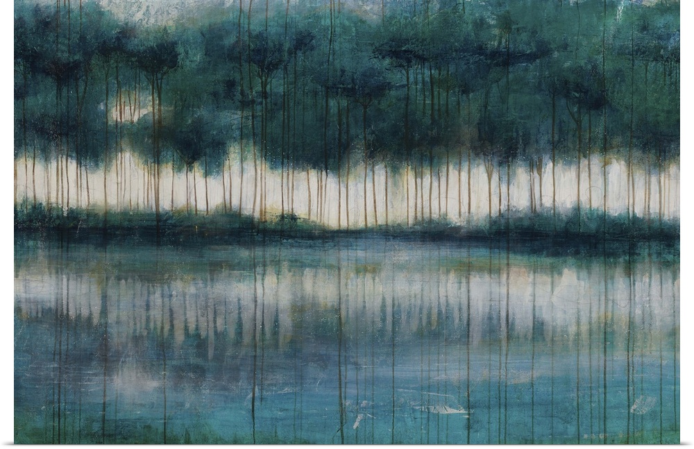 Abstract painting of a large grove of trees reflecting in water in the foreground, while thin lines of paint run verticall...