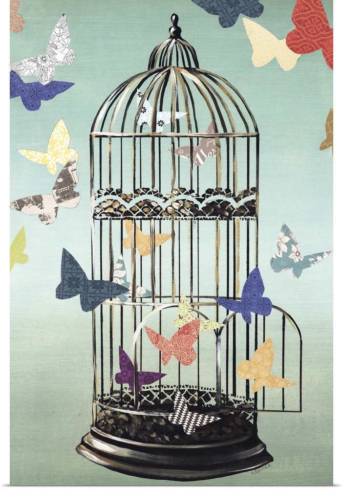 Mixed media art created with cut out butterflies with different colors and patterns flying out and around a gold and black...