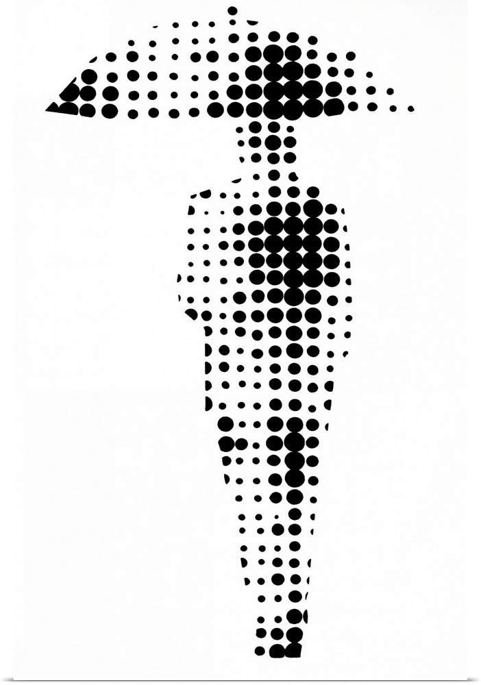 Black and white artwork with a figure holding an umbrella, created with black dots in various sizes.