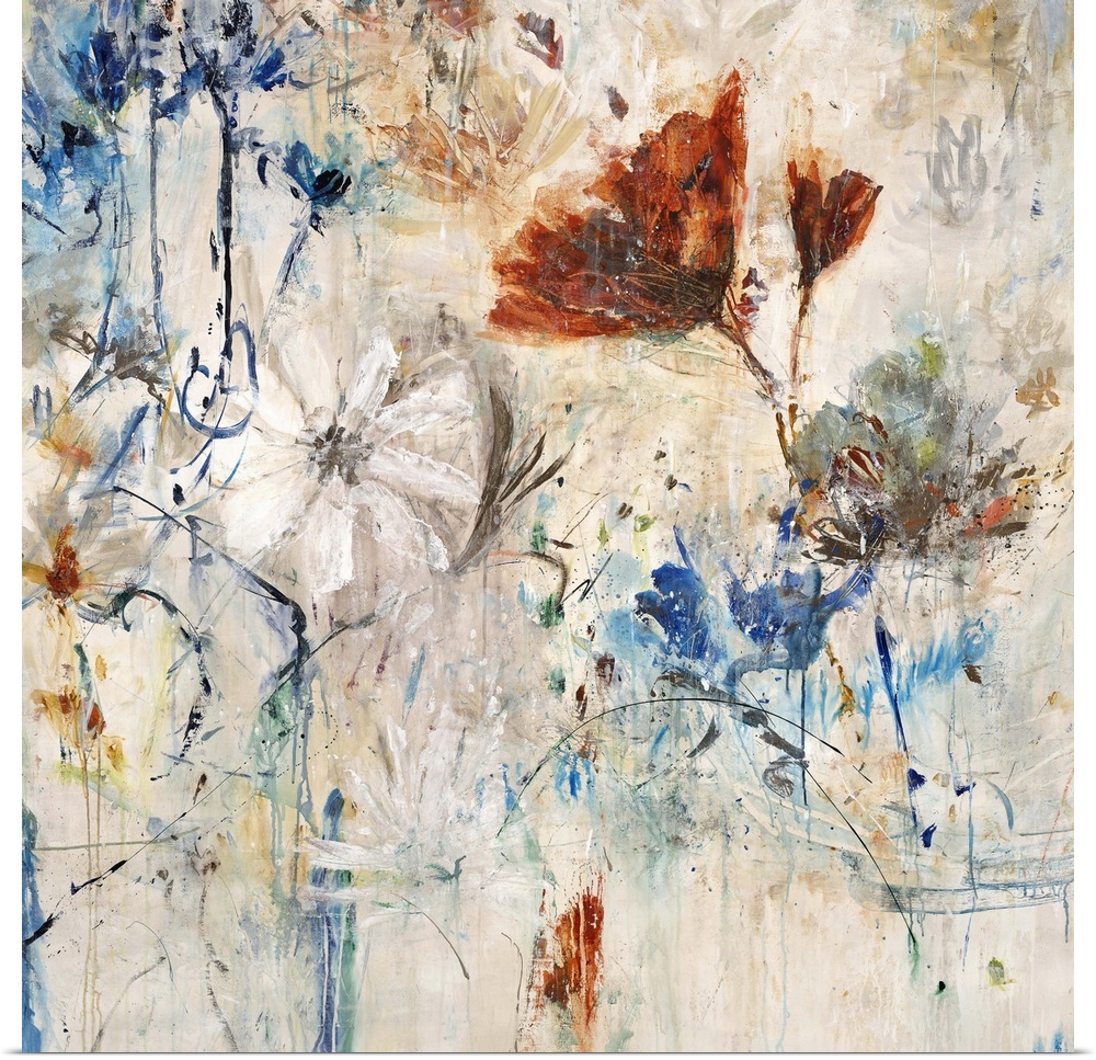 Modern contemporary artwork of white, red, and blue flowers in full bloom.