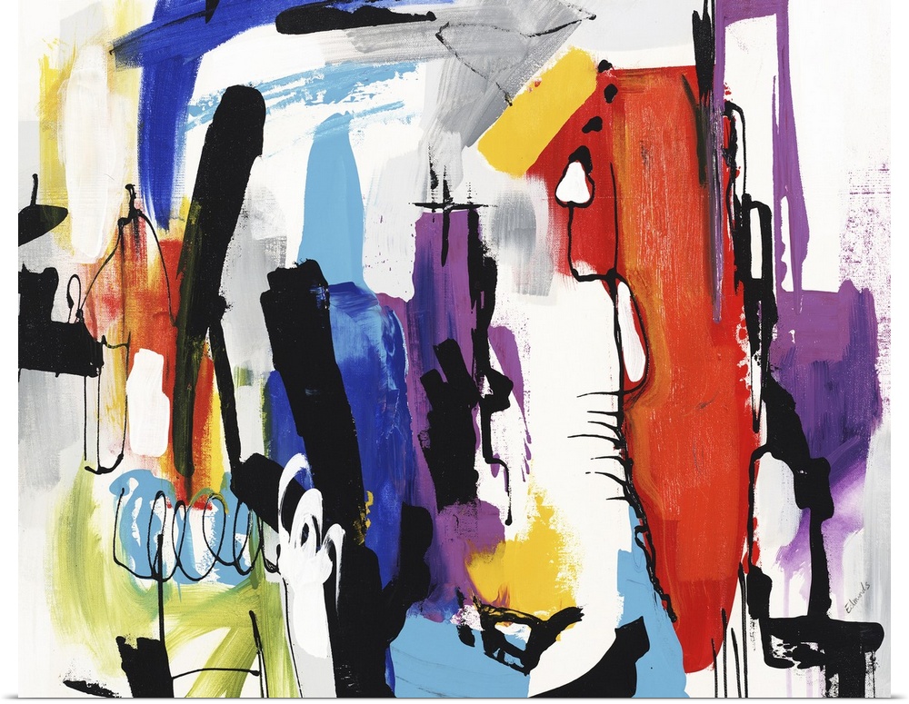 Vibrant abstract painting filled with color and busy brushstrokes in all directions.