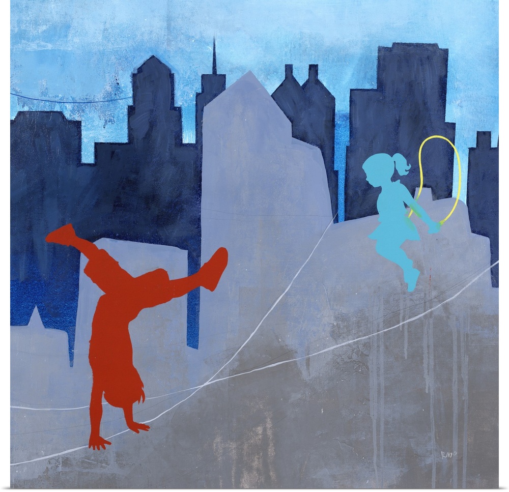 Contemporary painting of two children playing outdoors with a city skyline in the background.