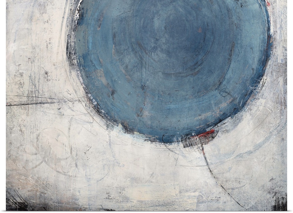 Contemporary abstract painting of a large pale blue circle against a pale gray larger circular shape.